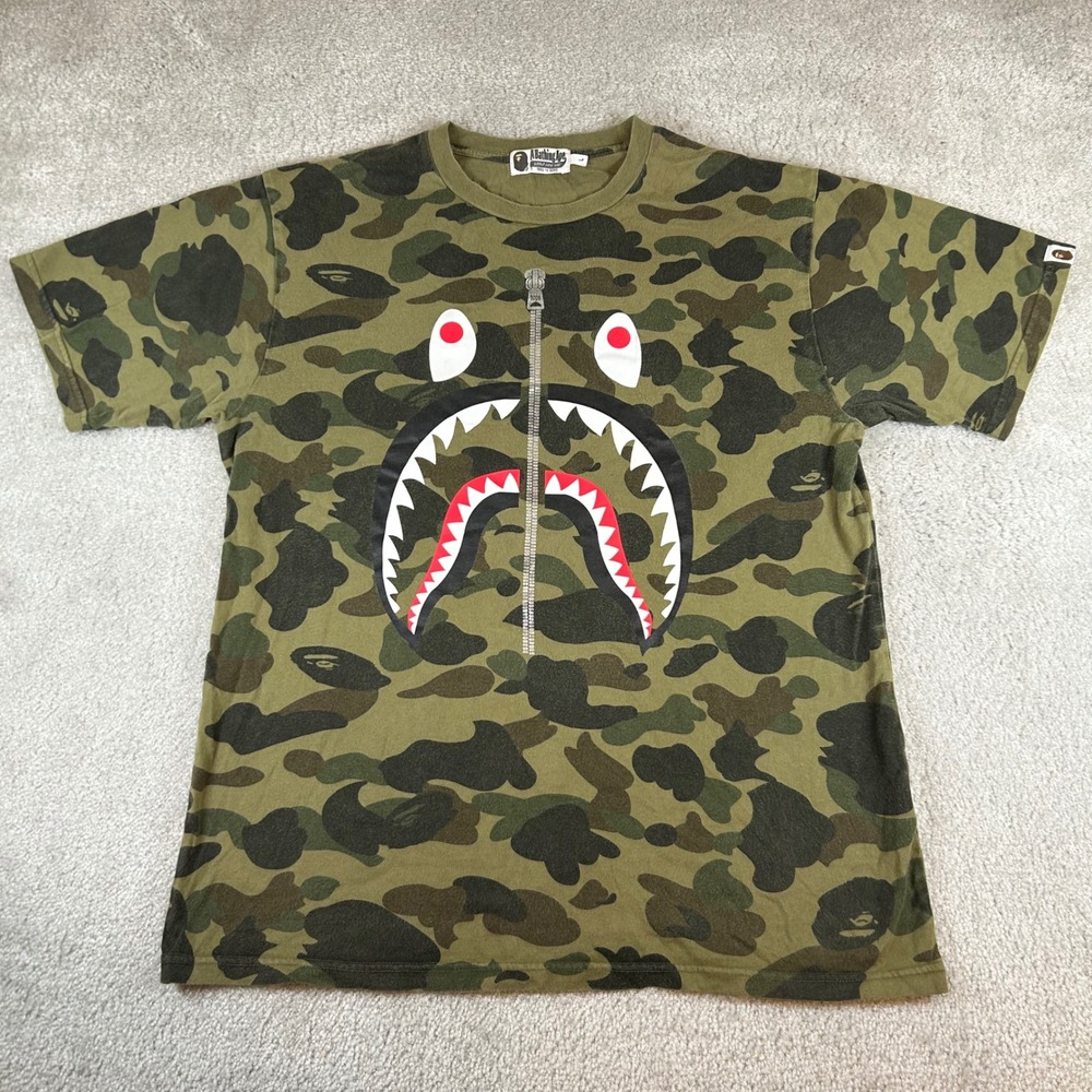 A Bathing Ape T-Shirt Mens L Green Camo Shark Face WGM Graphic Tee 001CSD301002X